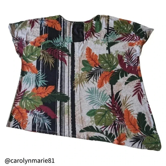CATHERINES Asymmetric Tropical Print V Neck Top Size 2X Short Sleeve Knit - Picture 3 of 8